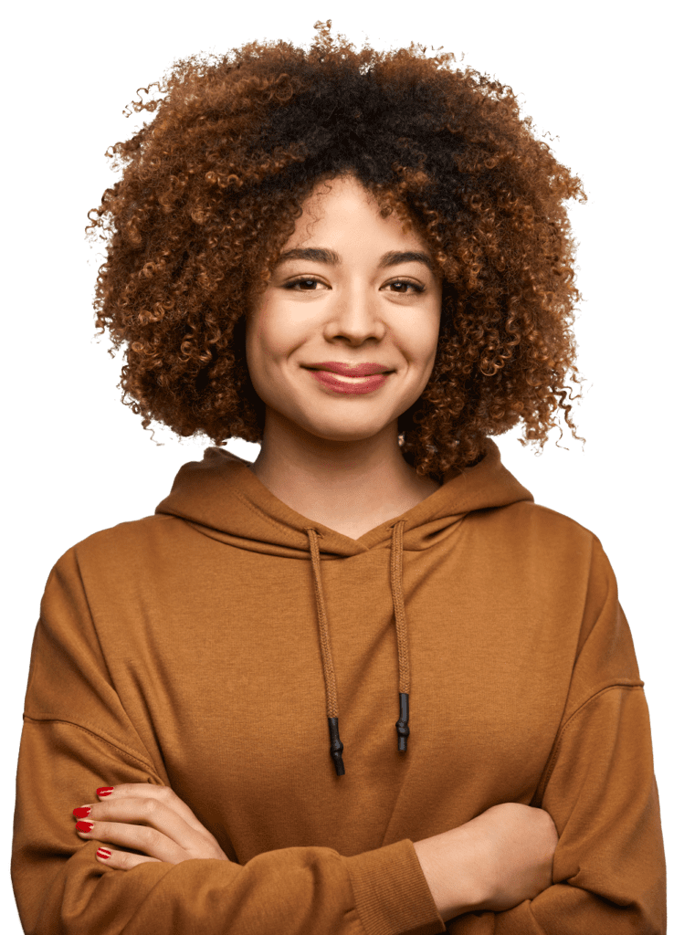 Smiling African American Woman Wearing a Brown Hoodie with Her Arms Crossed